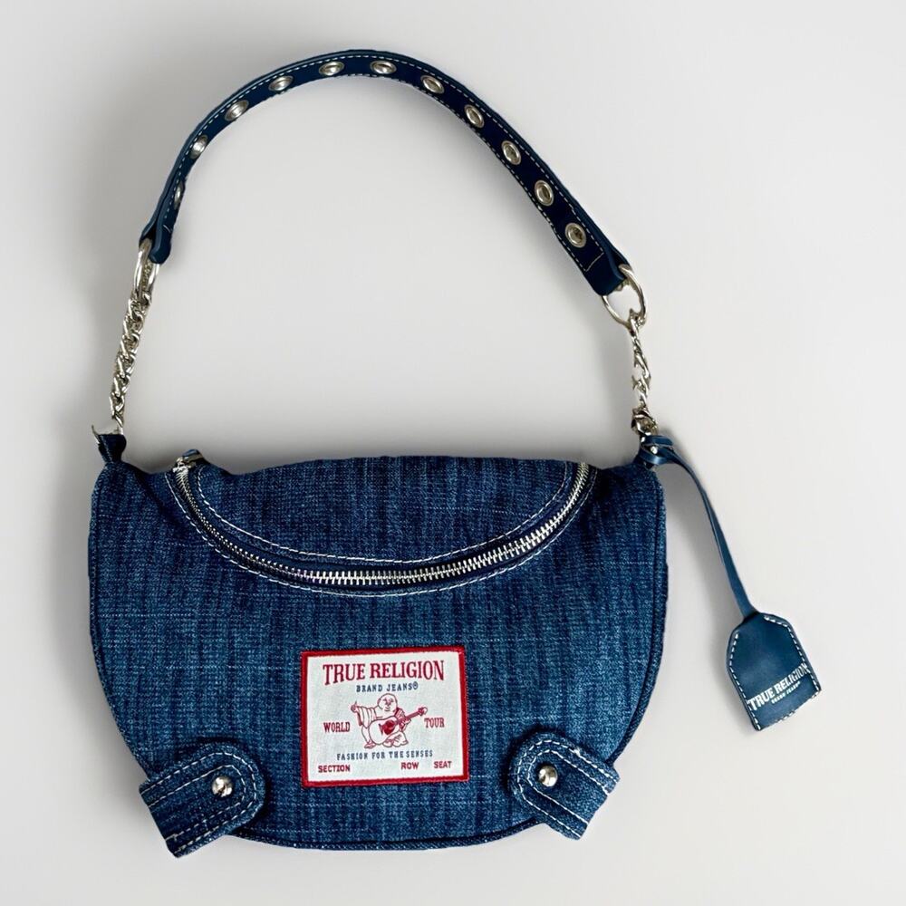 NEW TRUE RELIGION Denim Chain Hobo Bag Embroidered Buddha Patch Horseshoe 2-Zip
